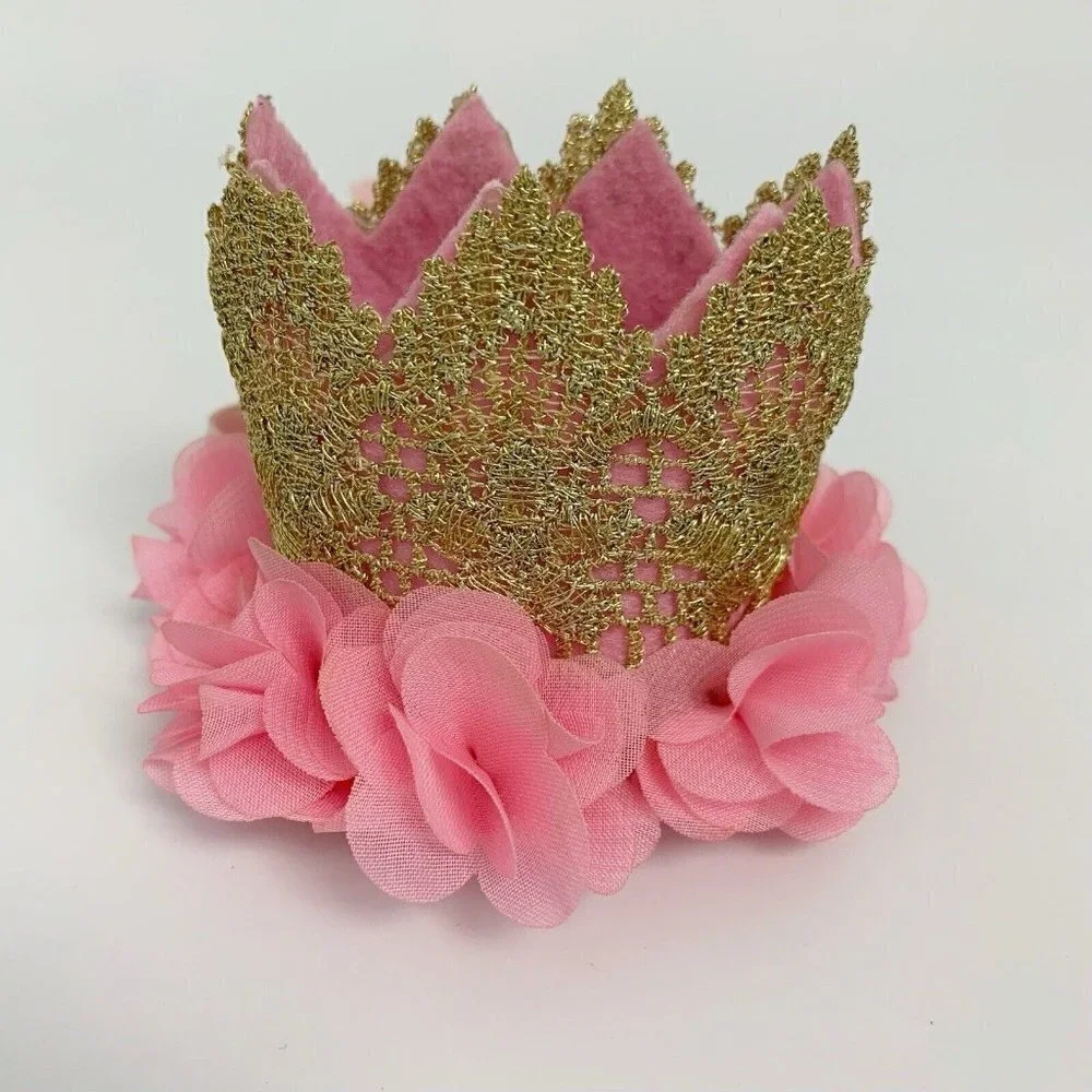 Baby First Birthday Hat Crown Gold Pink Roses w Elastic Small Photo Shoot Party